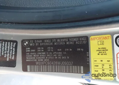2008 BMW X3 3.0Si from USA, damaged, VIN WBXPC93428WJ09337